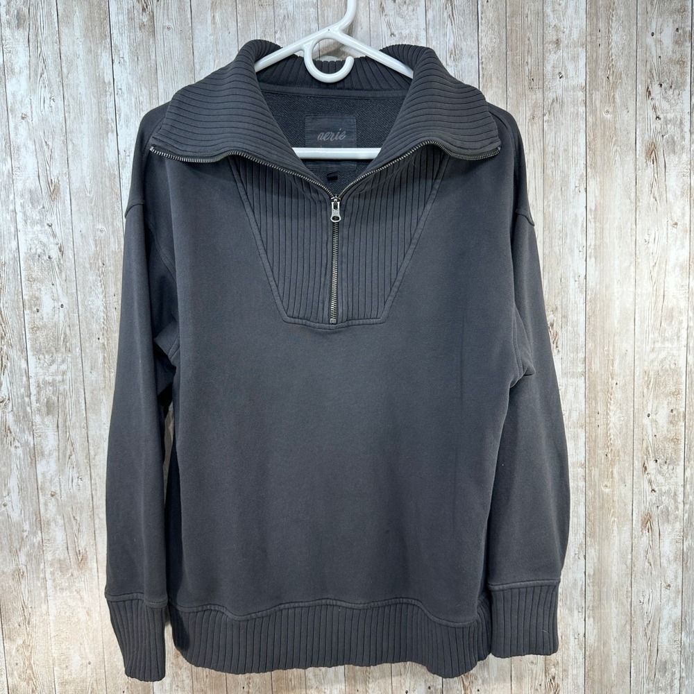 Aerie Charcoal Grey Ribbed Collar Quarter Zip Pullover Sweatshirt XXS Oversized